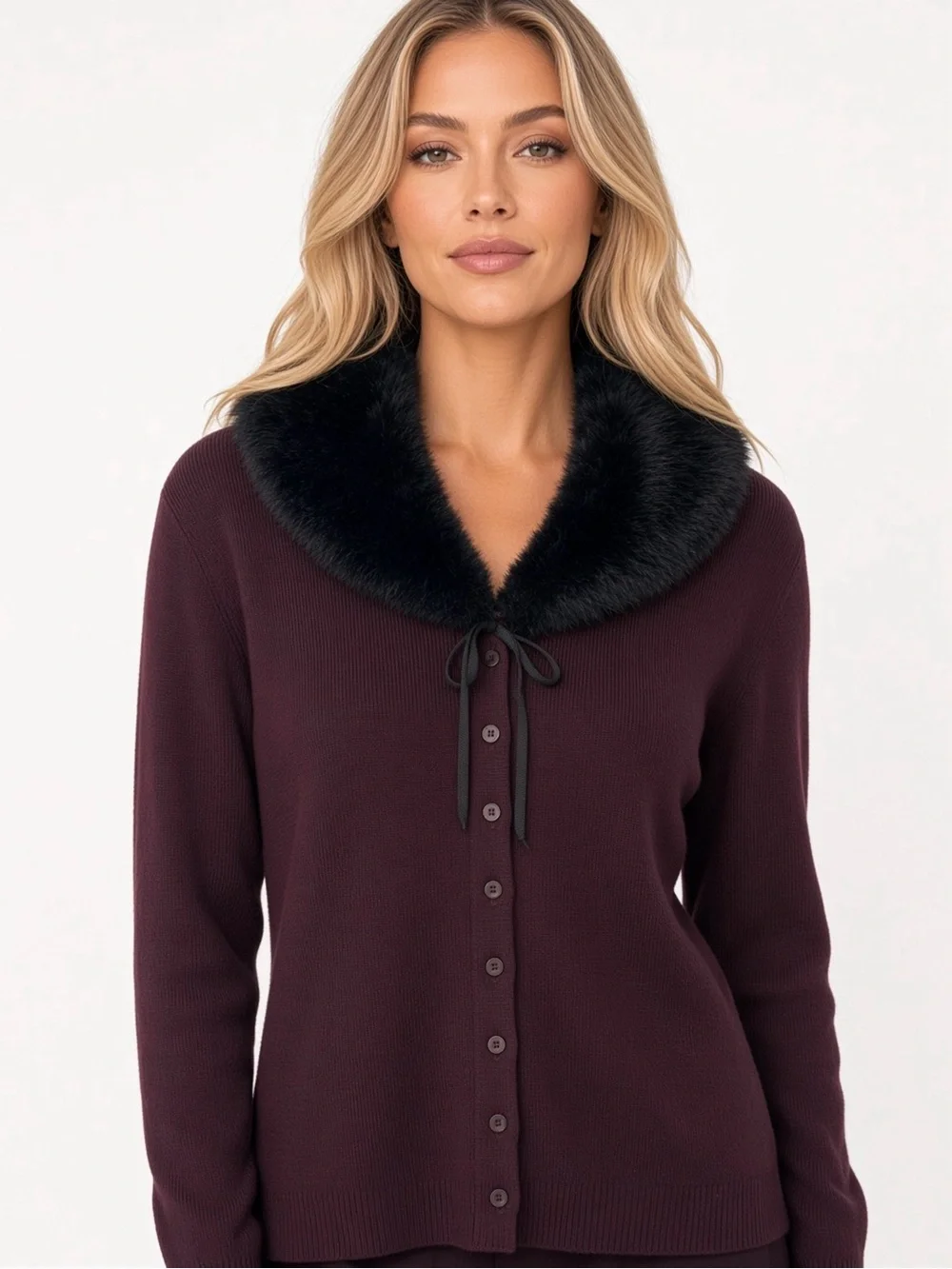 Marc New York Plush Faux-Fur Collar Button-Front Sweater Cardigan - Burgundy
